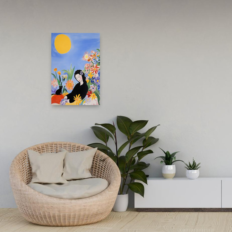 Woman In Bloom Garden Colorful Dreamy Peaceful Cat Flower Nature Wall Art Print 1 Piece Wrapped Canvas Wall Art