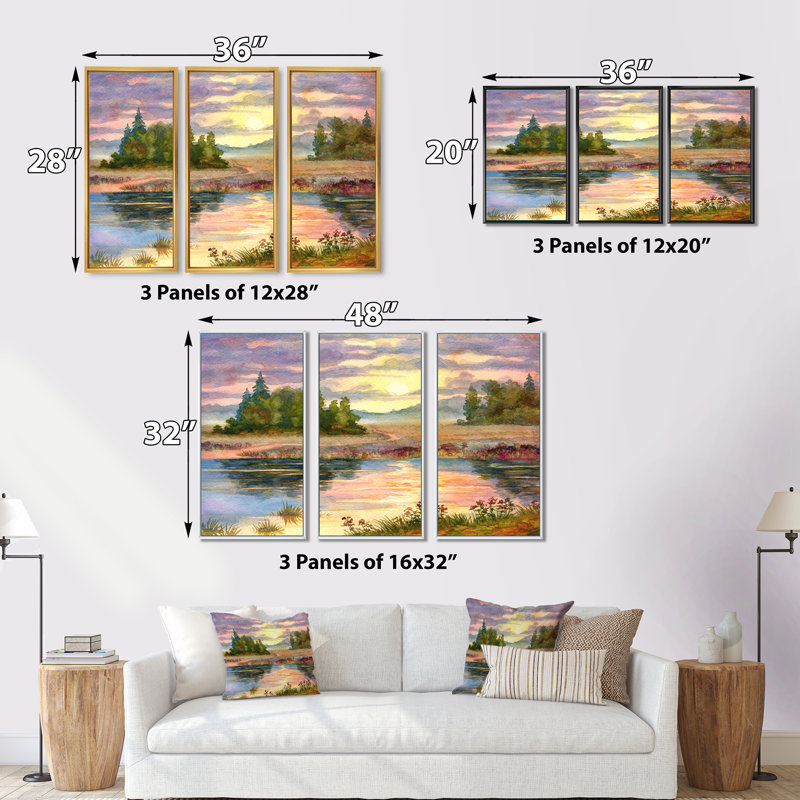 Coucher de soleil sur le lac I - ensemble d'art mural sur toile traditionnel encadré de 3, Noir, noir, noir, noir
