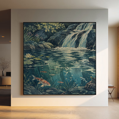 Très grande reproduction sur toile - cascade paisible et étang à lotus, art mural de style japonais pour le salon ou la chambre à coucher - «Assemblage requis du cadre (cadre non fini)»