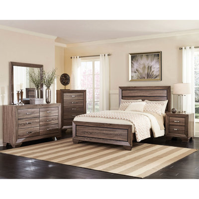 Grand lit 5 pièces, taupe délavé, bois franc d'ingénierie, patins, coffre inclus, finition taupe, bois, rainures encastrées,
