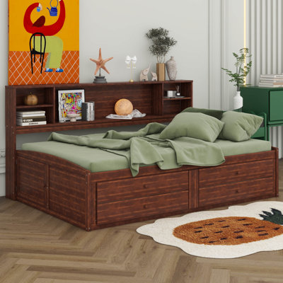 Full Size Wooden Captain Platform Bed With Built-In Storage Shelves And 4 Drawers, Multiple Bed Frame With 2 Cabinets