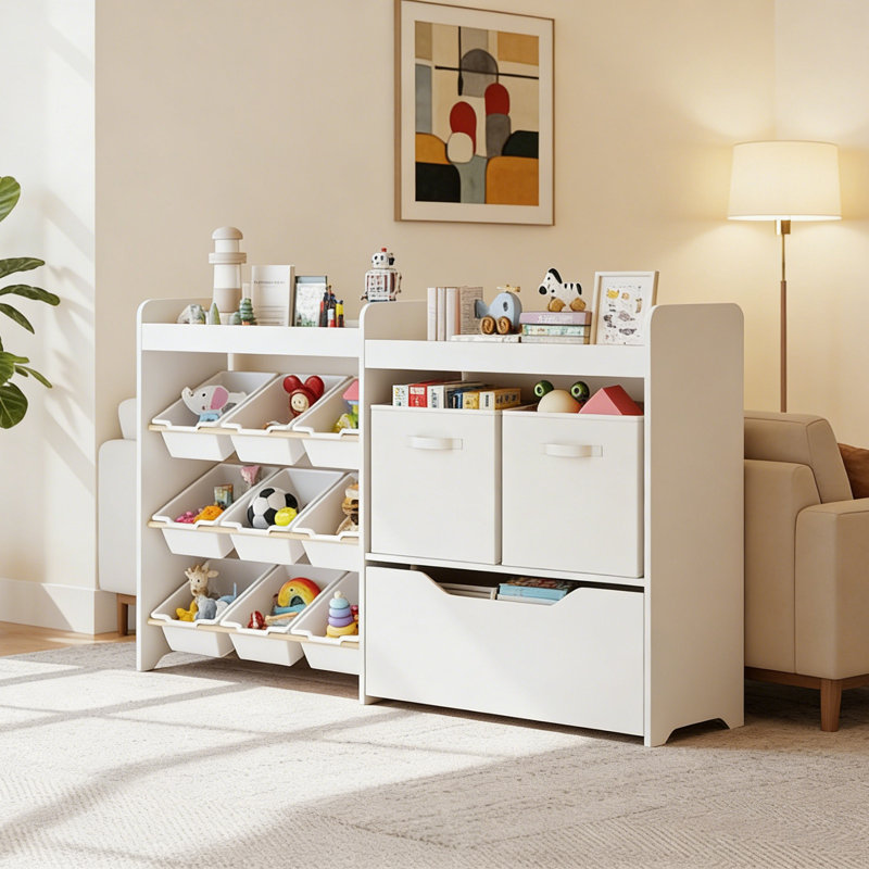 4 In 1 Toy Storage Organizer With Bookshelf And Large Drawers, Hidden Wheels, White