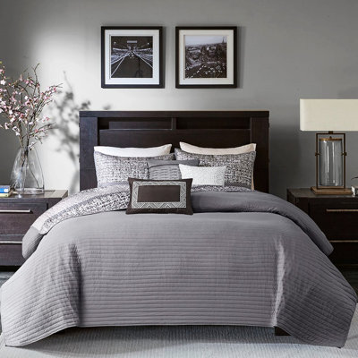 Courtepointe réversible grise / taupe - Double / grand 90% rembourrage en coton Coussins décoratifs brodés et plissés Literie lavable à la machine 10% autres fibres