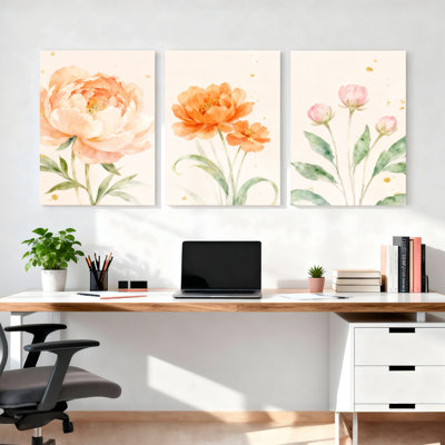 Aquarelle, pivoine, impression sur toile, ensemble de 3 panneaux, impression botanique pastel pour le salon ou la chambre à coucher