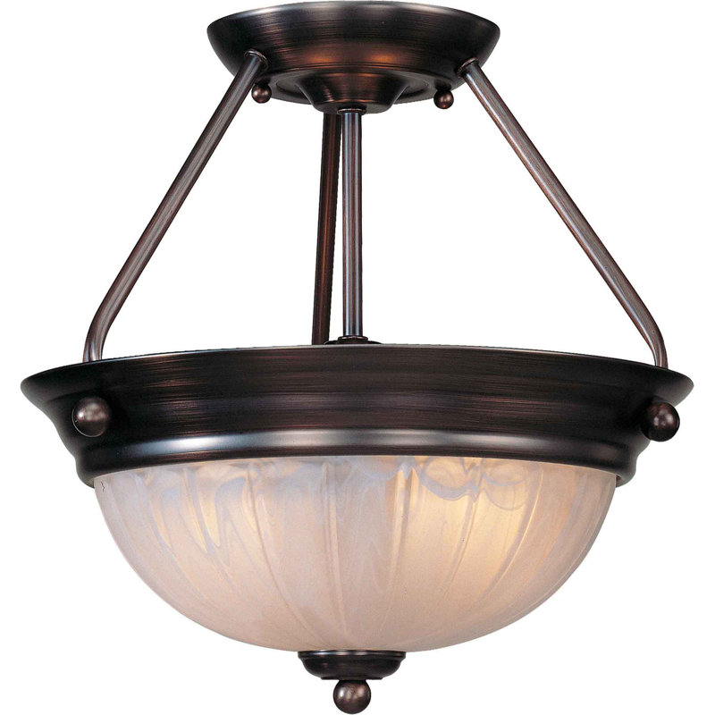 Plafonnier semi-encastré intérieur en bronze antique à 2 lumières Marti avec bol en verre melon albâtre, Bronze antique