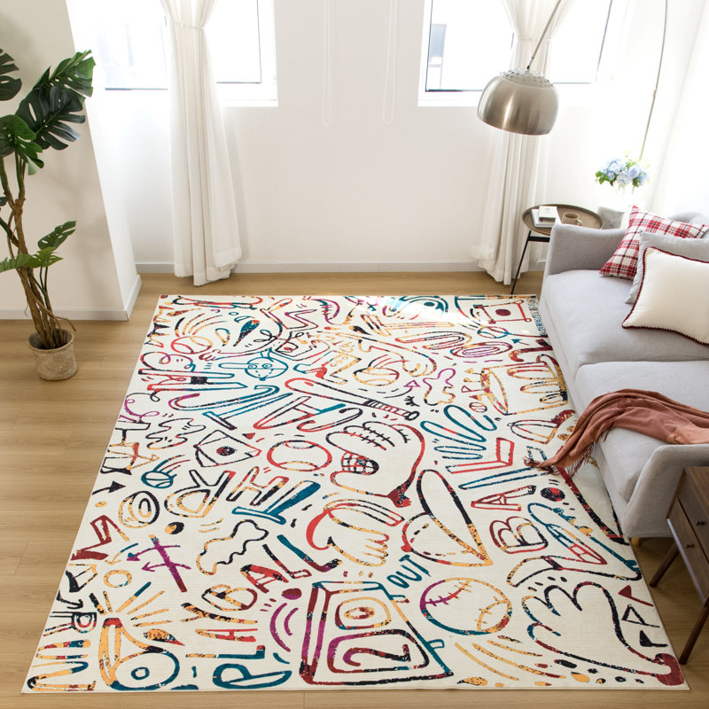 Sportsglyphs II by Katie Merz Dugout Chalk Ivory Baseball Machine Washable Area Rug, Rectangle 5' x 7'