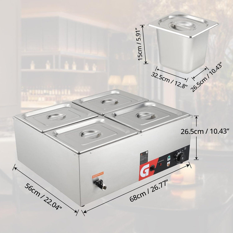 Chauffe-plat commercial à 4 plaques 4 x 10,5 pte, table à vapeur en acier inoxydable 1200 W 86-185 ° F pour les restaurants
