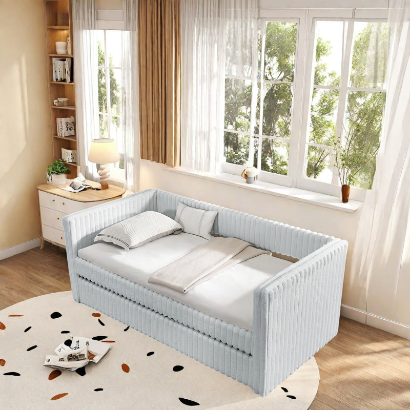 Lit de jour moderne et multifonctionnel avec tiroirs et accoudoirs coulissants - Canapé-lit peu encombrant pour le salon, la chambre d'amis ou la chambre à coucher, conception confortable et élégante