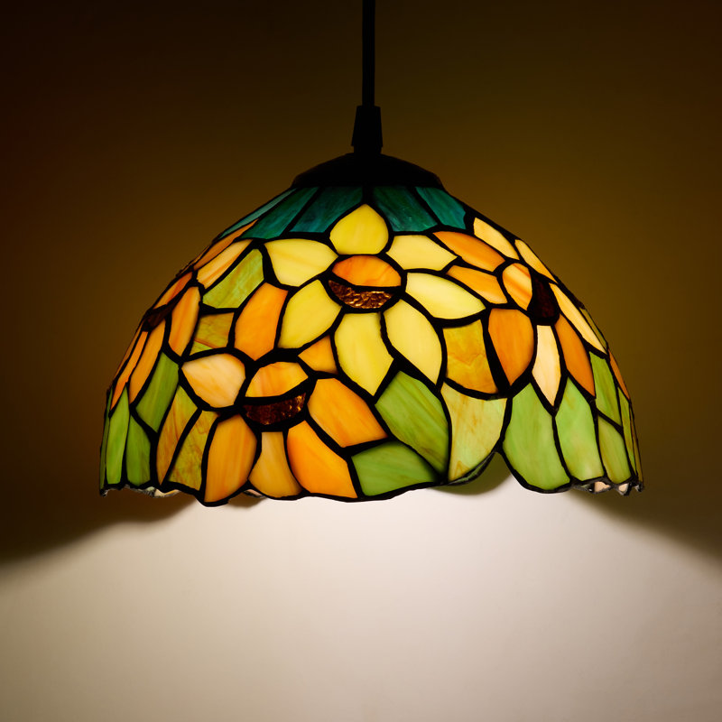 10"W Evelina Traditional Yellow Sunflowers Stained Glass Dome Shade Pendant
