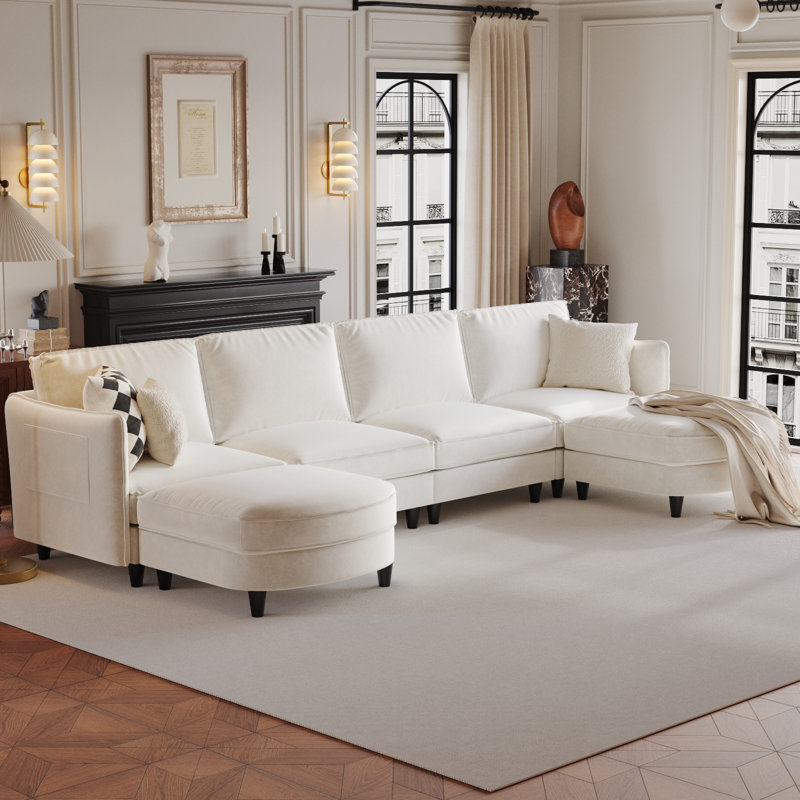 141.5'' Wide U-Shaped 6-Seater Sofa with Storage Pockets, Beige Polyester