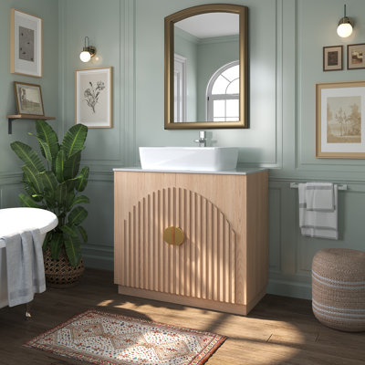 Meuble-lavabo moderne de 30 po de style Mid-Century avec plateau en pierre frittée, vasque en céramique, armoire grillagée et poignée dorée