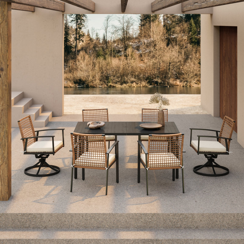 6-Person PE Wicker Patio Dining Set with Swivel Chairs 