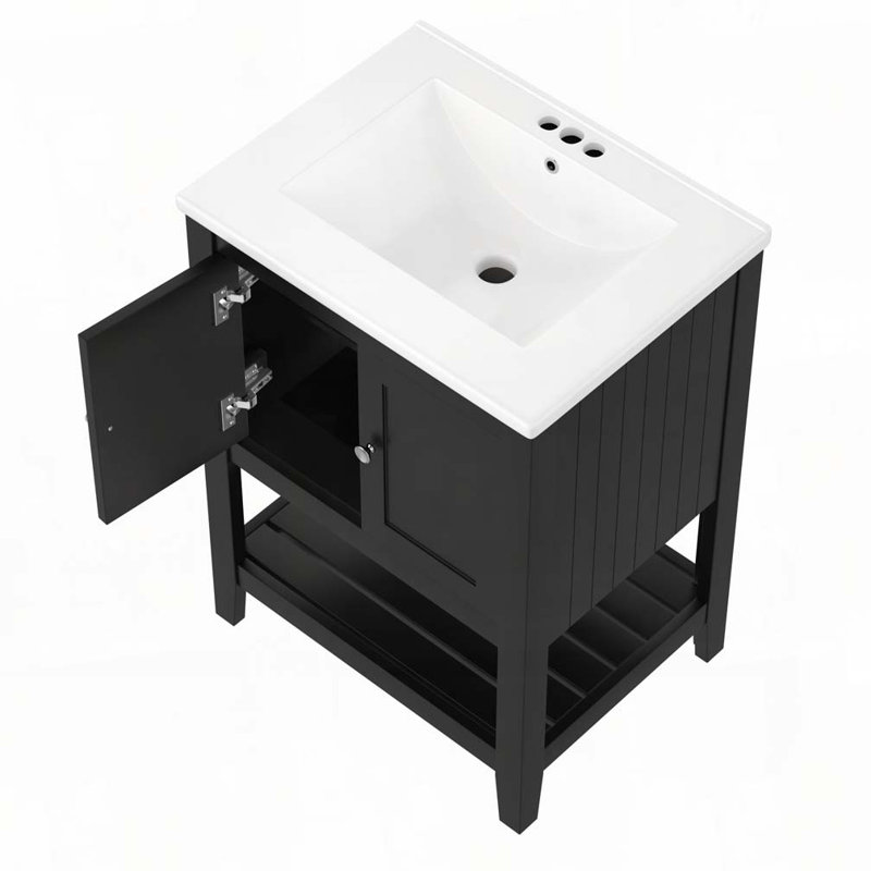 Meuble-lavabo 24 po avec lavabo en céramique et cadre ouvert en bois massif, Noir