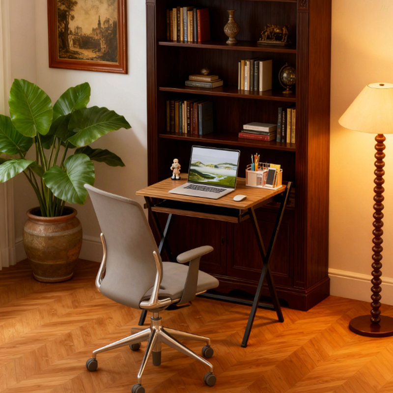 Folding Computer Desk,  With Monitor Shelf For Small Space, Home Office, Study, Walnut