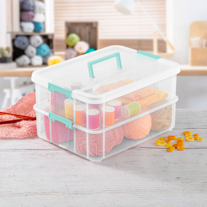 Sterilite Stack and Carry 2 Layer Handle Box, Small Storage Latch Lid Container, Organize Crafts, 4