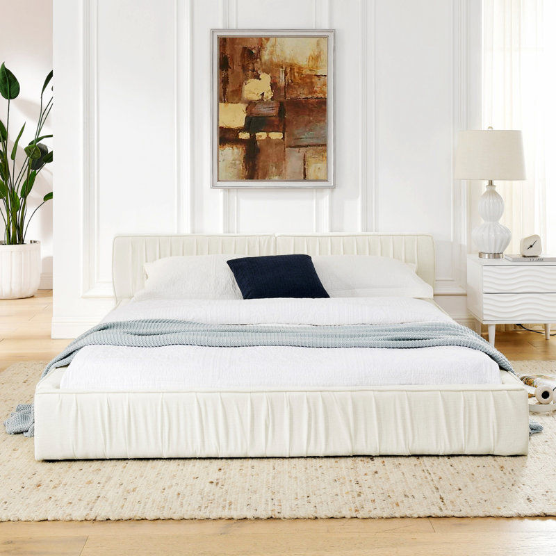 Structure de lit tapissier avec tête de lit, Beige