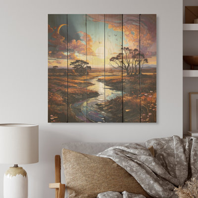 Paisies Charm Sunset Infinite Serenity - prairies, art sur bois de pin naturel