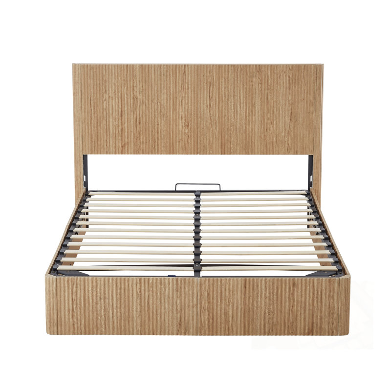 Cadre de lit de rangement grand format avec lignes courbes ondulées en bois, Grand lit, Naturel