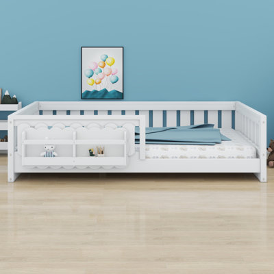Wood Platform Bed with Safety Guardrail and Storage Shelves for Kids & Adults