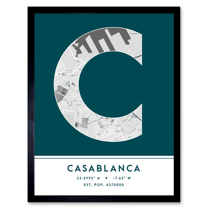 Casablanca City Map Casablanca Teal - Single Picture Frame Typography