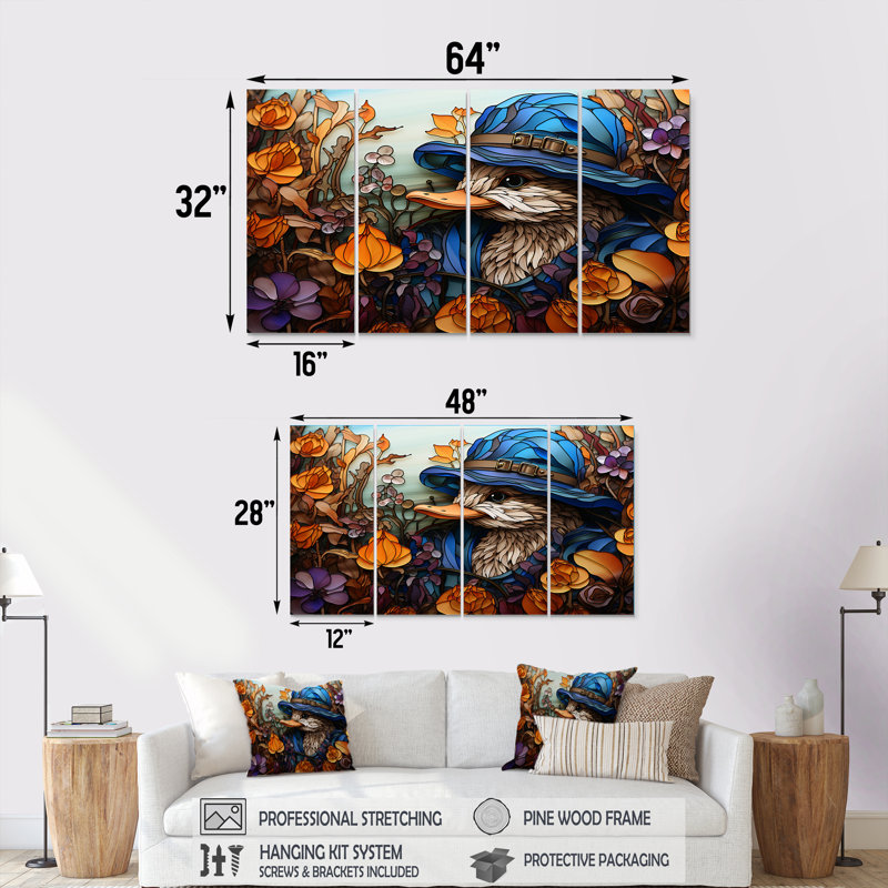«Blue and Orange Duck Blooms Mosiac - Duck», ensemble de 4 pièces d'art mural, H 32 po x l 64 po