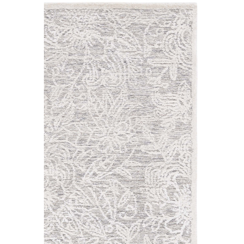 Tapis floral ivoire / gris en coton / laine / coton touffeté à la main Bateh, Rectangulaire 8 pi x 10 pi