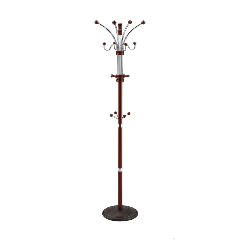 73" Tall Chrome and Wood Coat Rack, Cherry finish