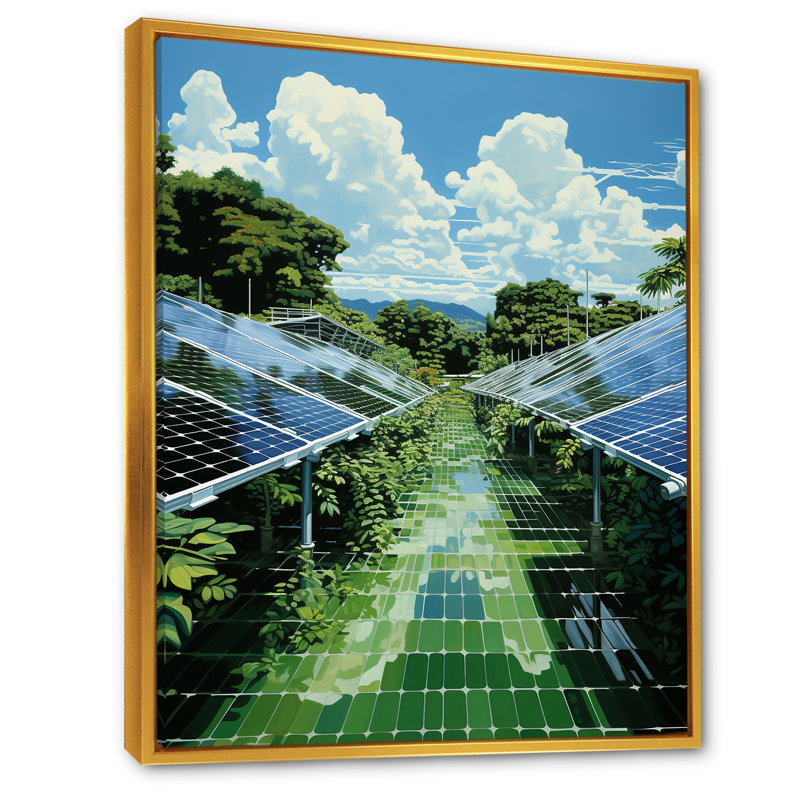 Green Solution Solar Panels Field II - Panneaux solaires, art mural, Cadre flottant doré, H 32 po x l 24 po x P 1 po
