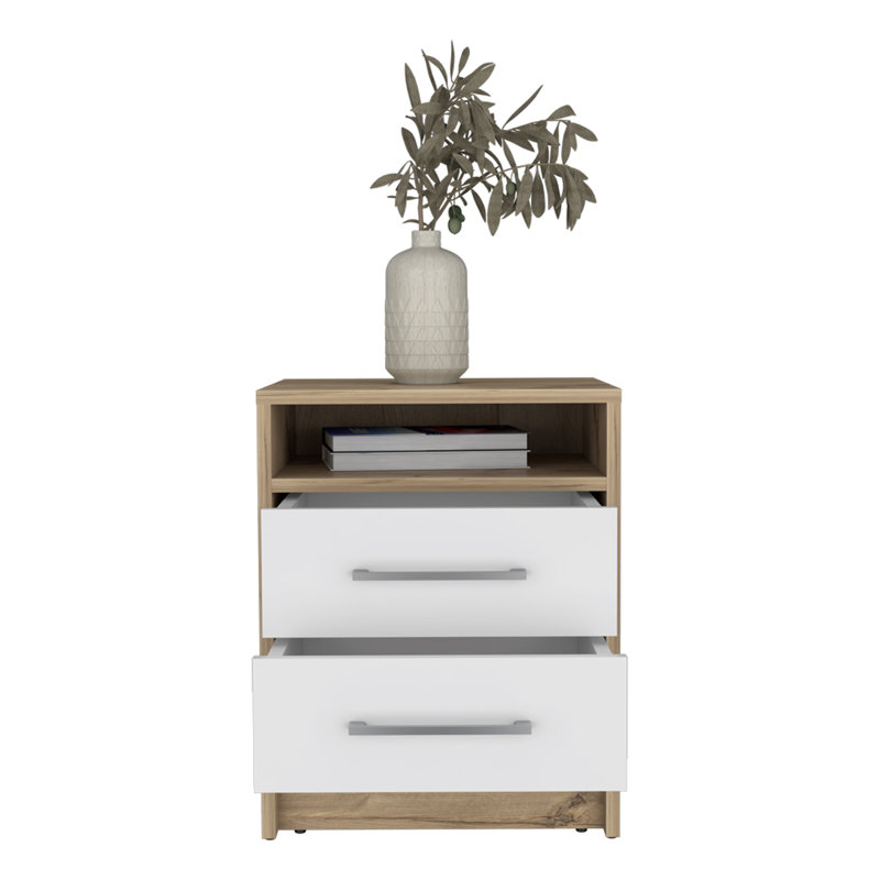 Nightstand Cartiz, Two Drawers, White / Light Oak Finish, White/Light Oak
