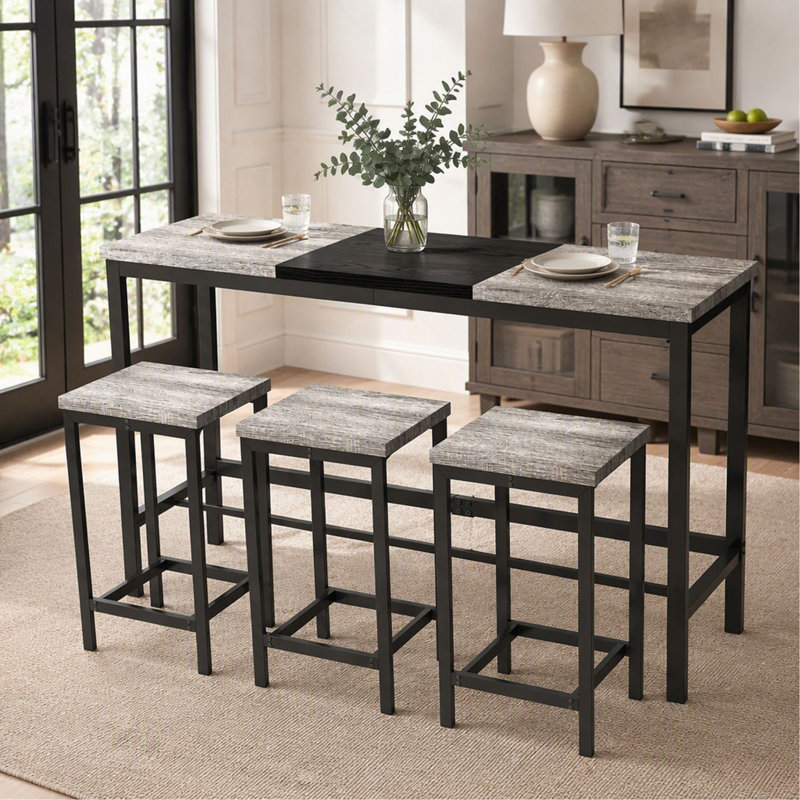 Table de salle à manger de cuisine moderne, table de pub, ensemble de table de salle à manger longue avec 3 tabourets, conception de tabouret suspendu pratique