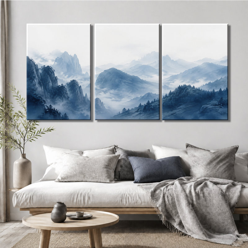 Tableau à trois panneaux, paysage de montagne chinoise brumeux bleu, impression sur toile tendue, 12 * 18 pouces * 3
