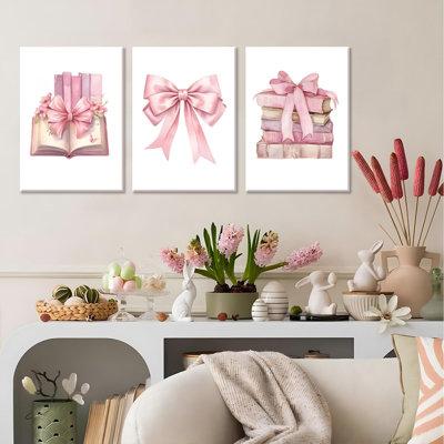 Coquette Pink Bow Canvas Wall Art Set Of 3,Book Lovers Gifts Preppy Decor Trendy Pink Book Posters Pictures Prints Aesthetic ForCollege Apartment Living Room Bedroom Framed 16X24 In