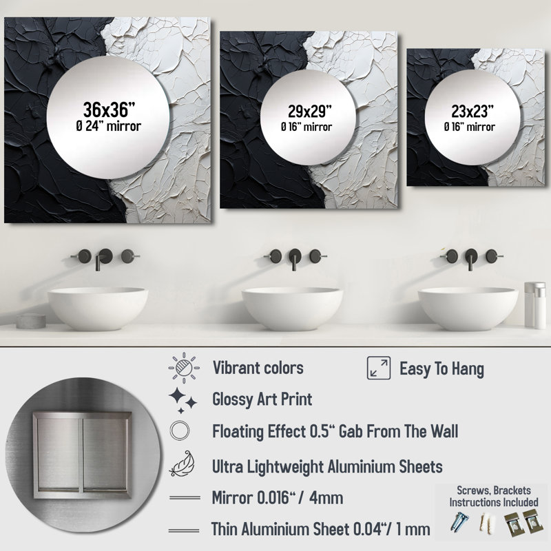 Minimalisme noir et blanc peint en coin - Grand miroir mural carré pour chambre à coucher, 36 po x 36 po
