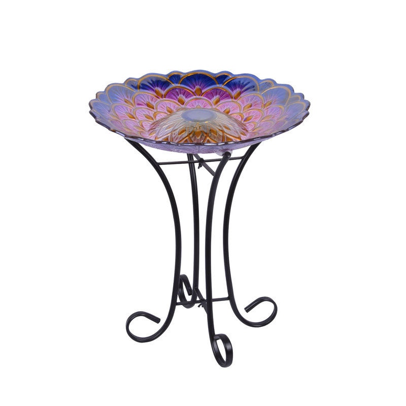  Solar Floral Glass Bird Bath with Stand