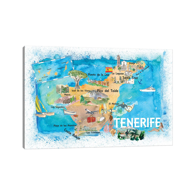 Tenerife Canarias Spain Illustrated Map With Landmarks And Highlights by Markus & Martina Bleichner - Wrapped Canvas Print