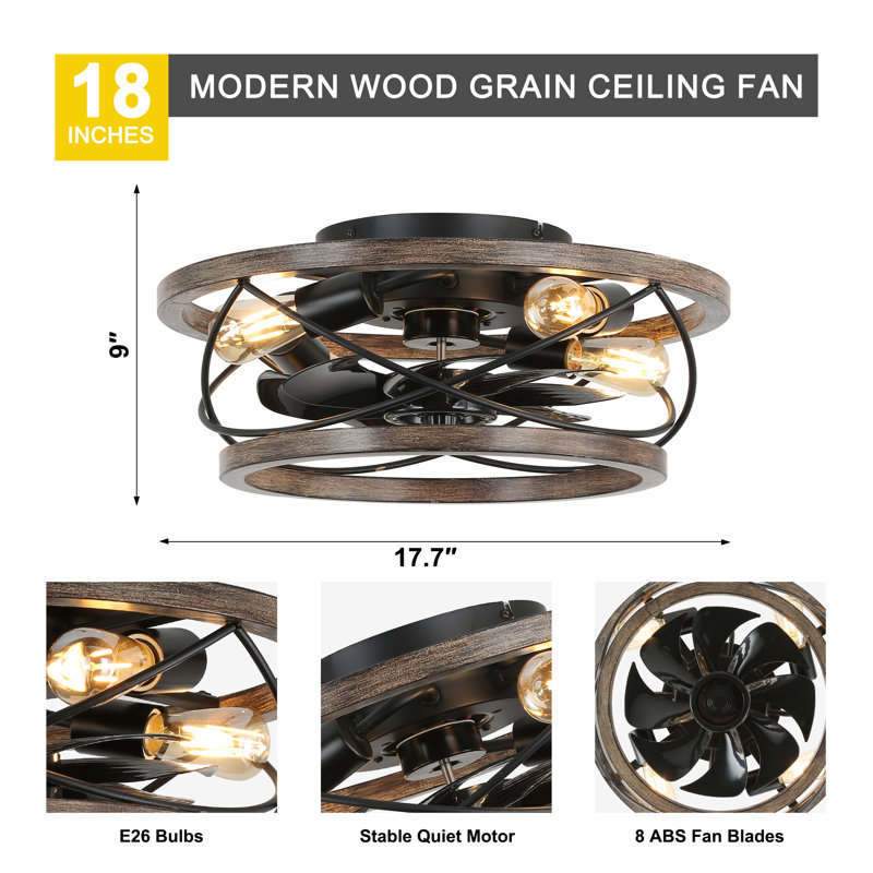 Ludene 18" 4-Light Rustic Farmhouse Flush Mount Ceiling Fan with Lights, Enclosed Cage Low Profile Ceiling Fan for Bedroom, Living Room, Hallway