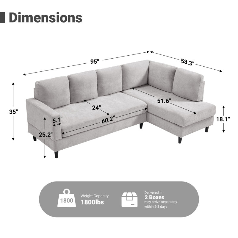 95" Upholstered L Shaped Sofa Modern Sectional, Light Gray Chenille