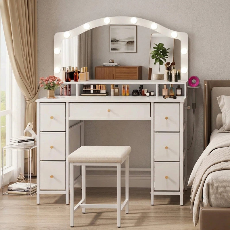 Deogilde Dressing Table with 10 LED Bulbs, Large Tabletop Makeup Vanity Desk with 7 Fabric Drawers, Stool