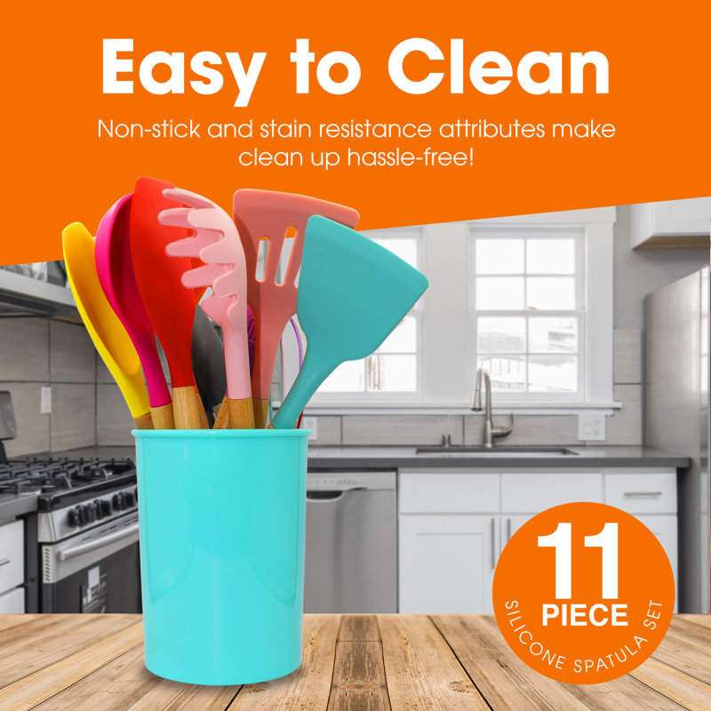 Cheer Collection 12 Piece Multicolor Silicone Spatula Set with Wooden Handles