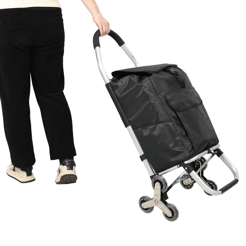 Foldable Shopping Cart with Stair Climbing Triangular Wheels and Removable Waterproof Bag, Black