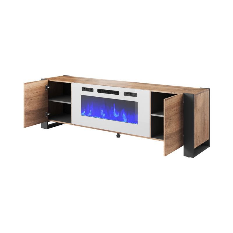 Rickeisha TV Stand for TVs up to 85" with Electric Fireplace Included, Oak/Gray