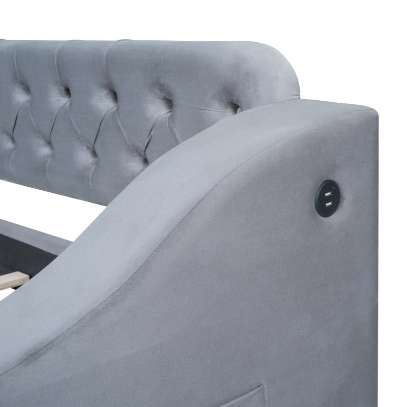 Lit de jour simple rembourré avec accoudoirs de rangement et port USB, gris