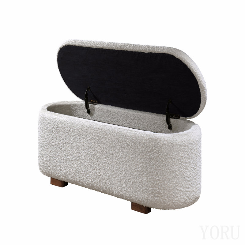 Banc beige bouclé et noyer avec rangement