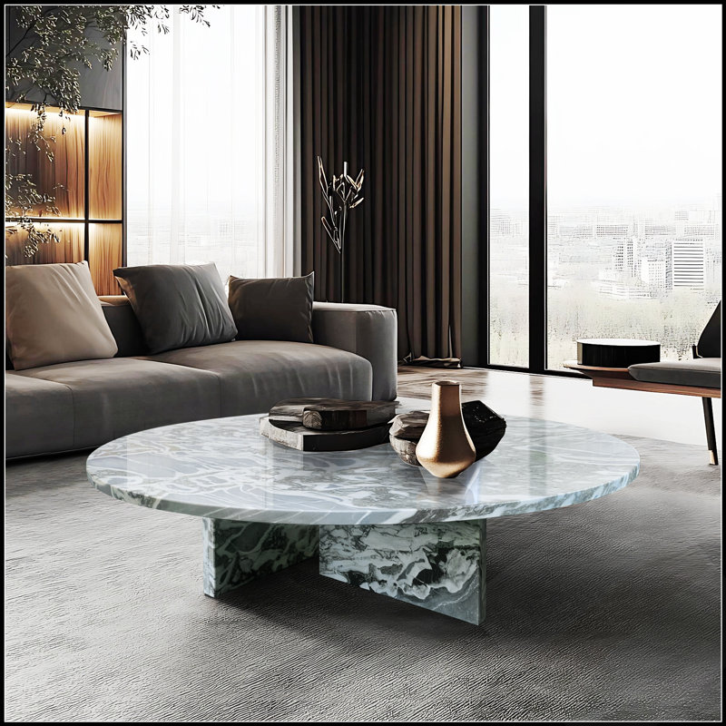 Table basse en marbre naturel bleu-gris, pièce maîtresse du salon, pierre véritable, grain unique, élégante et durable