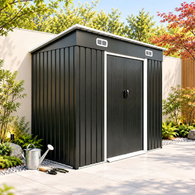 8x4 Metal Outdoor Storage Shed Tool Shed with  Lockable Sliding Doors and Vents &Threshold  for Garden, Yard Black