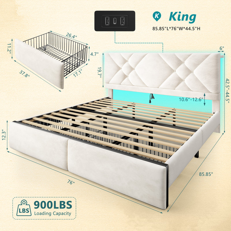 Velvet Upholstered Queen Bed Frame With Adjustable Headboard And Led Light, Platform Bed Frame With 2 Storage Drawers And Charging Station