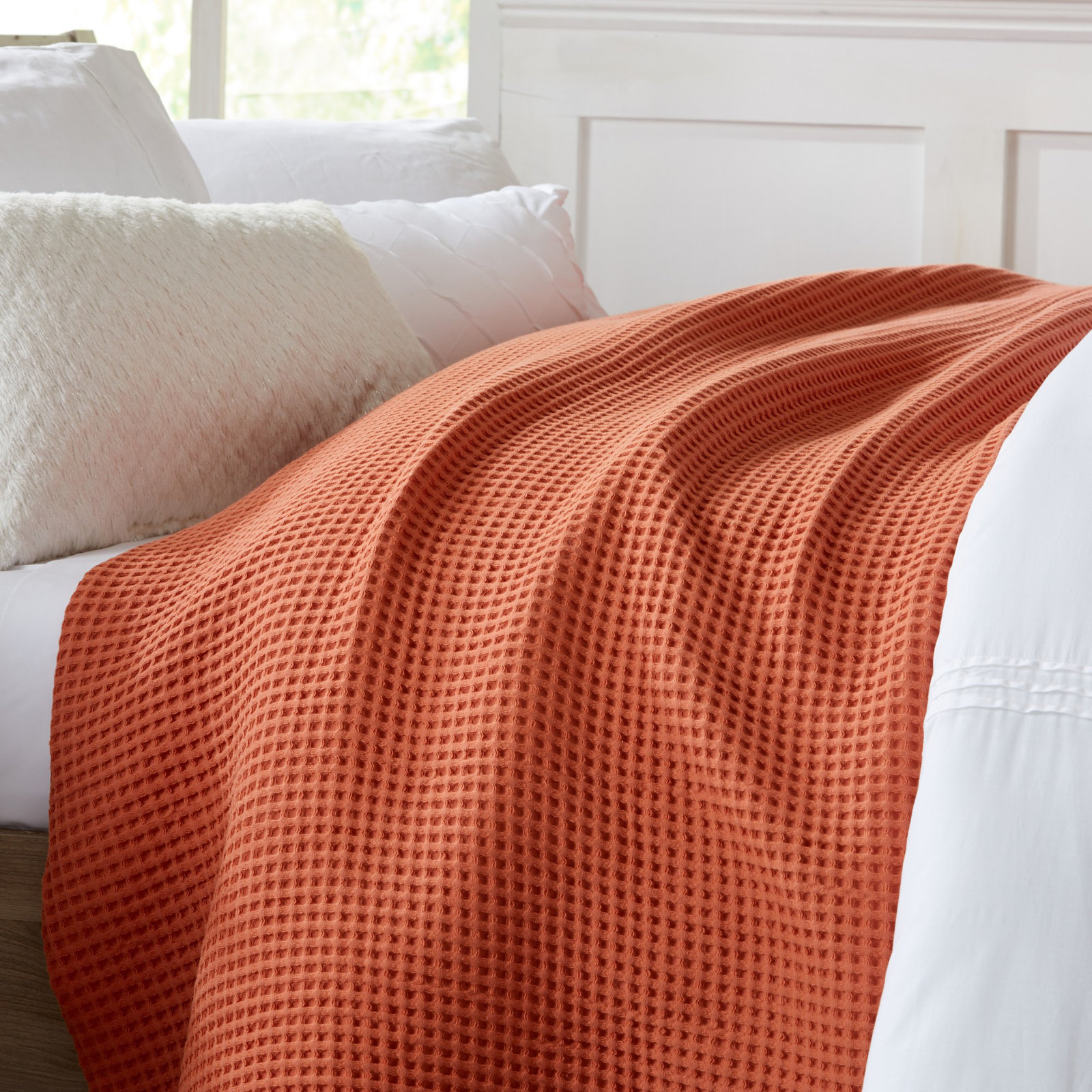 Vila Cotton Waffle Throw Blanket, Burnt Orange, King