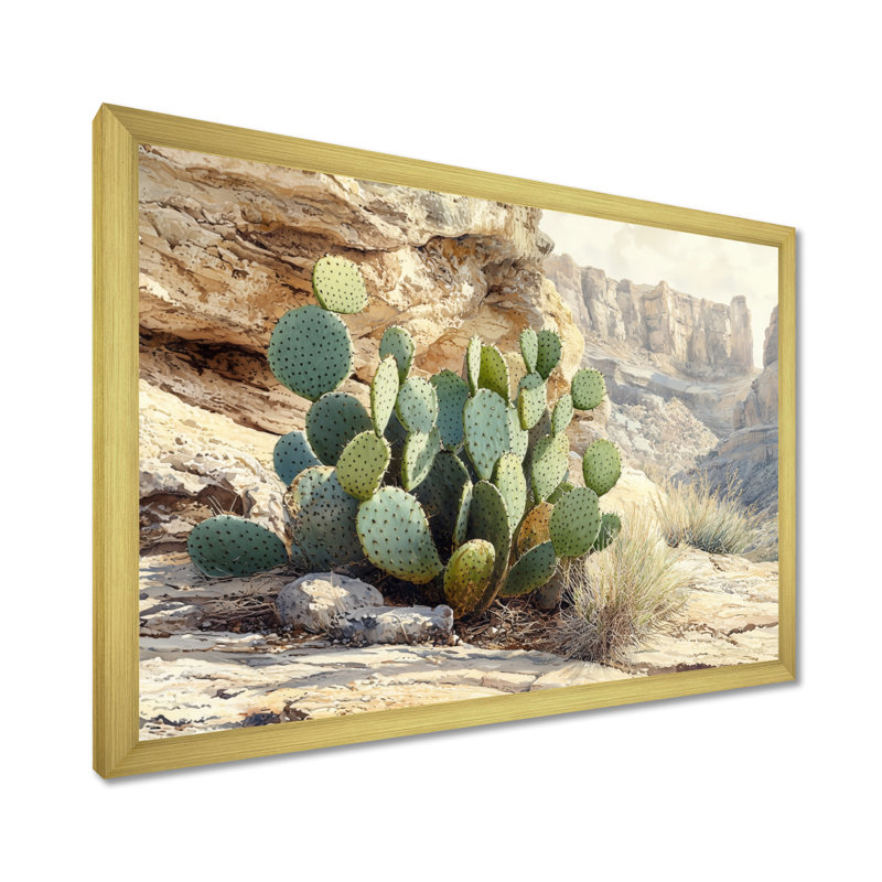 Marila Arizona Cactus At The Canyons Edge II - art mural de cactus pour le salon, H 24 po x l 32 po, Cadre simple, Doré