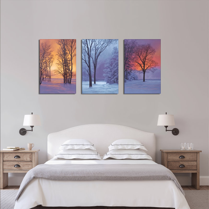 «Winter Sunset Trees», reproduction d'art sur toile tendue sur toile (ensemble de 3), H 24 po x l 48 po