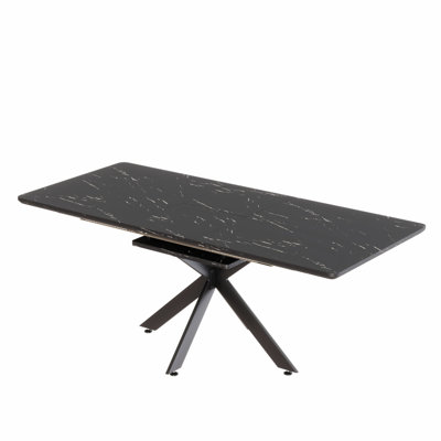 Extendable 78.15" Black Dining Table, Modern Mid-Century. Fits Room, Party, Conference. Top, Metal Legs 62.4" Extendable. Mid-Century Industrial Aesth